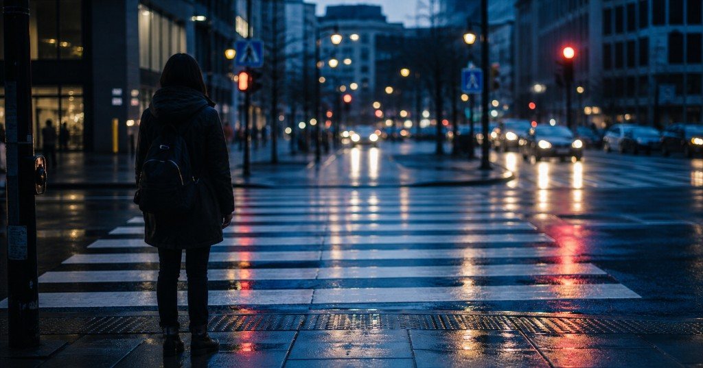 Přechod pro chodce v městském prostředí za soumraku — ilustrace k tématu odpovědnosti za dopravní nehodu