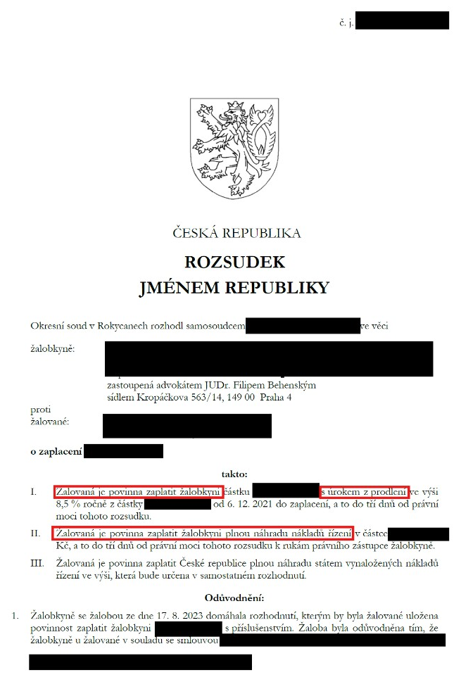 Anonymised judgment – payment of a claim with accessories